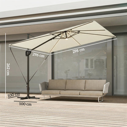 3 x 3 m Garden Cantilever Parasol w/ Light, Cover, UPF50+ Patio Umbrella w/ Wind Protection, 360° Rotation, Cream White