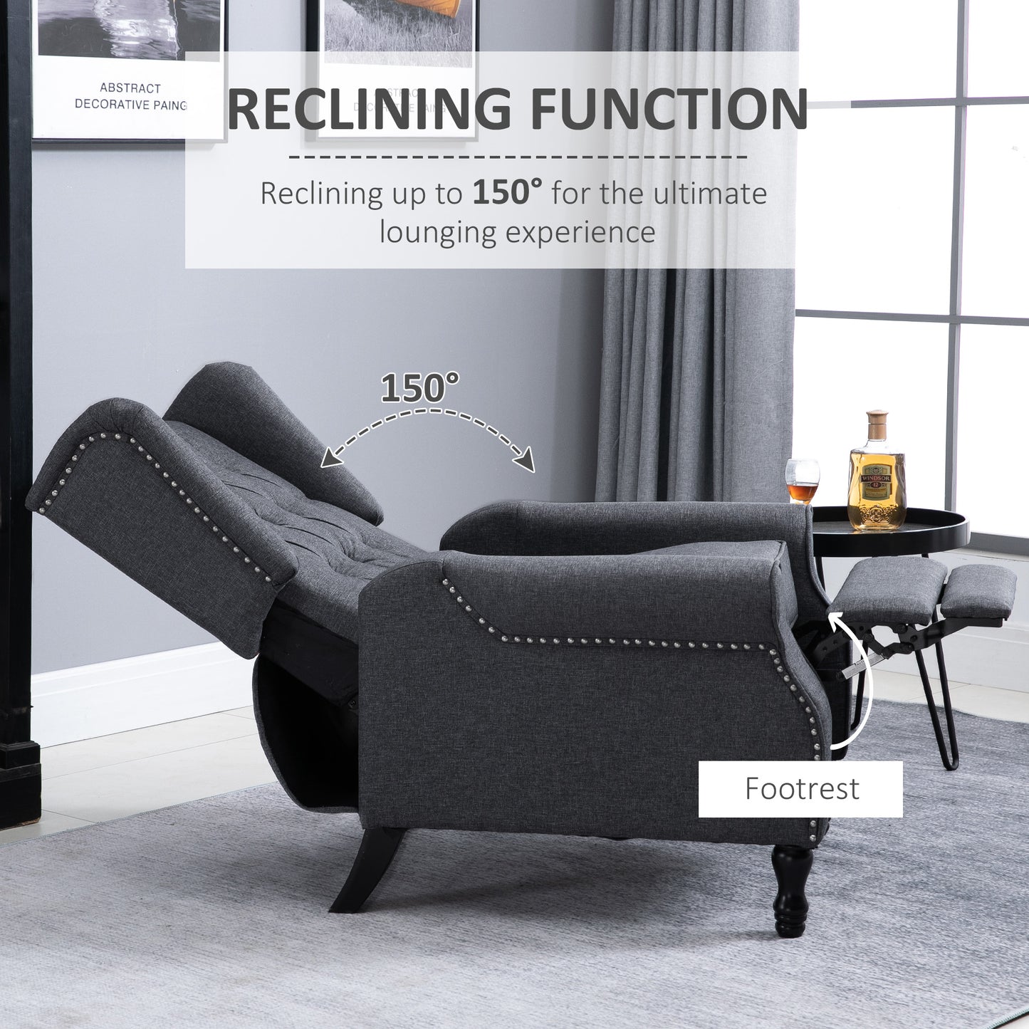 Recliner Armchair, Vintage Reclining Chair with Nail Head Trim, Wingback Chair with Button Tufted Back and Footrest