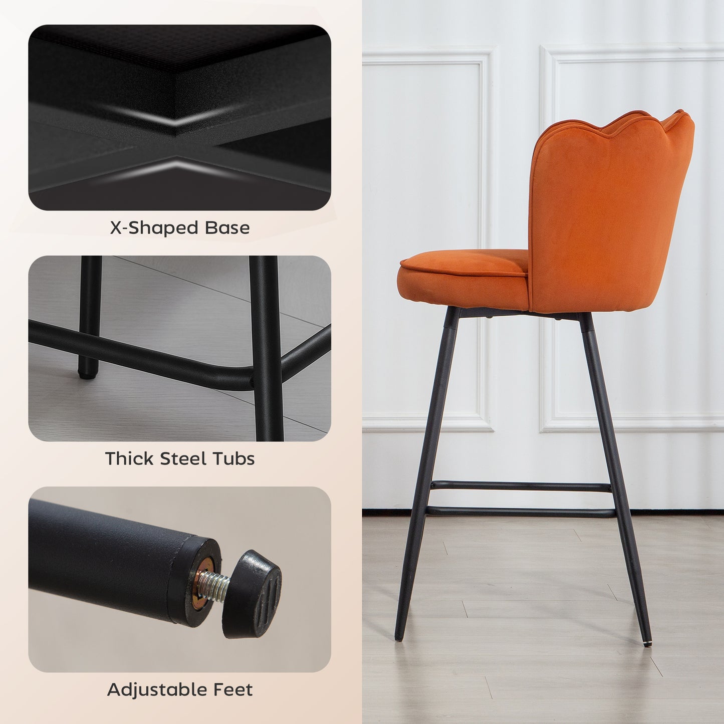 Set of Two Velvet-Feel Lotus Bar Stools - Orange