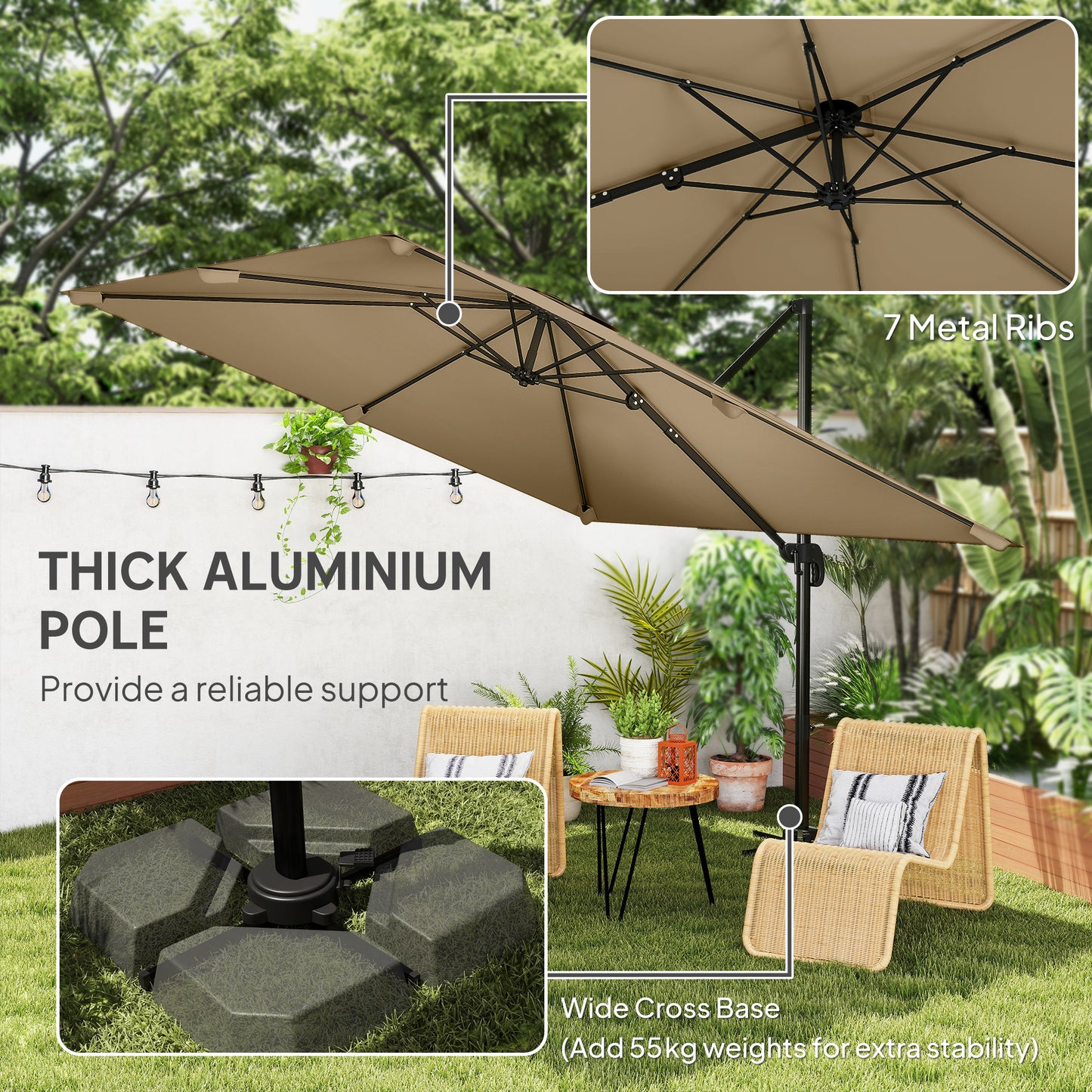 3 x 3 m Cantilever Parasol, Square Patio Umbrella with Crank Handle, Cross Base, Tilt, 360° Rotation, Khaki
