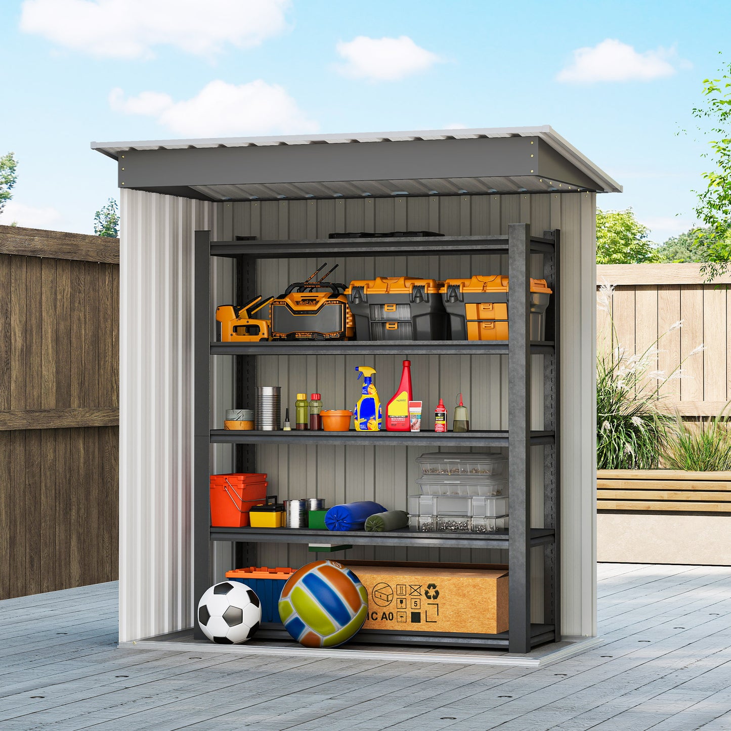 5 x 3ft Garden Storage Shed with Sliding Door and Sloped Roof Outdoor Equipment Tool, Light Grey