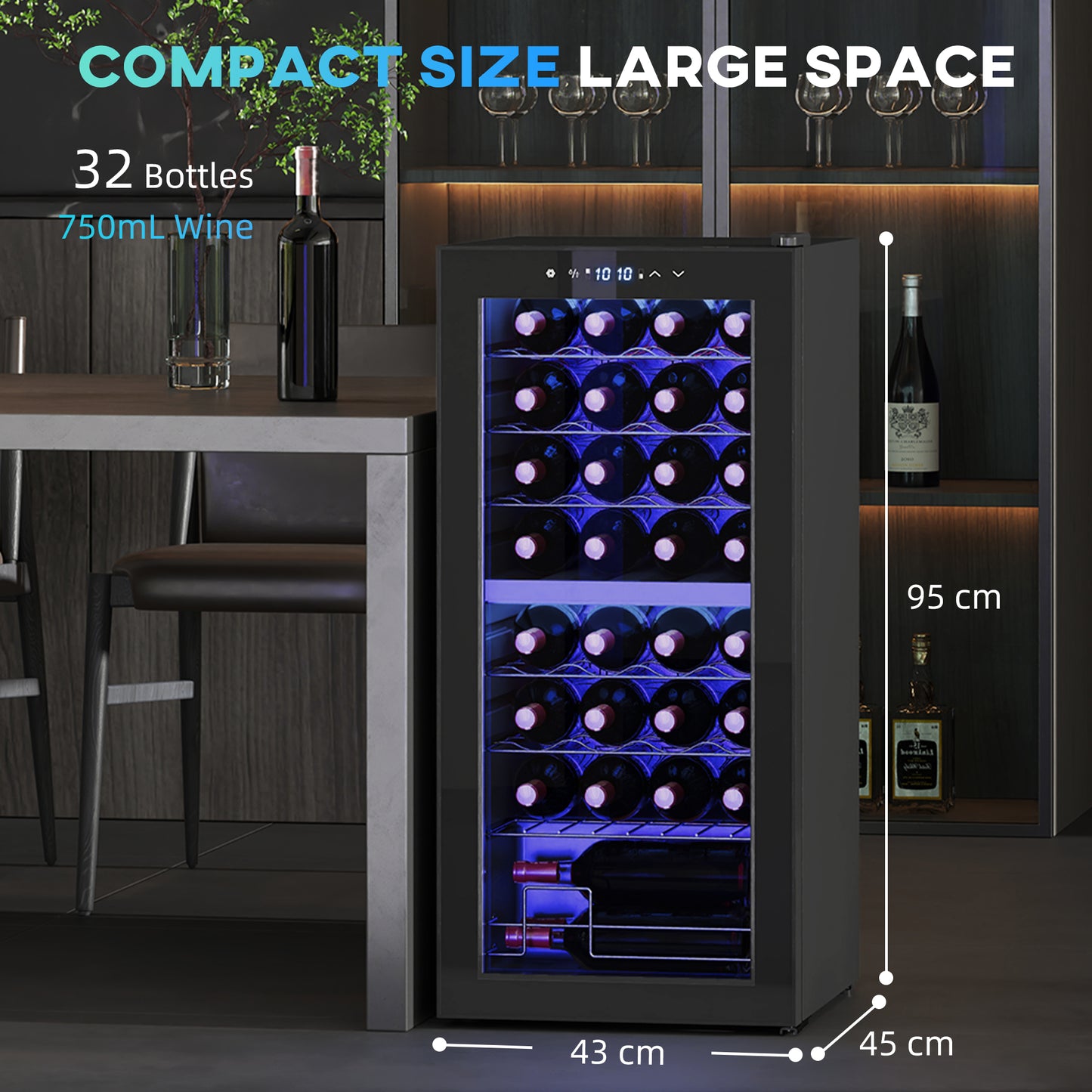 32-Bottle Narrow Wine Fridge, with Lights - Black