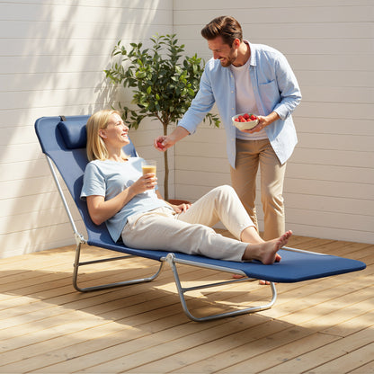 Folding Sun Lounger with Head Pillow - Dark Blue