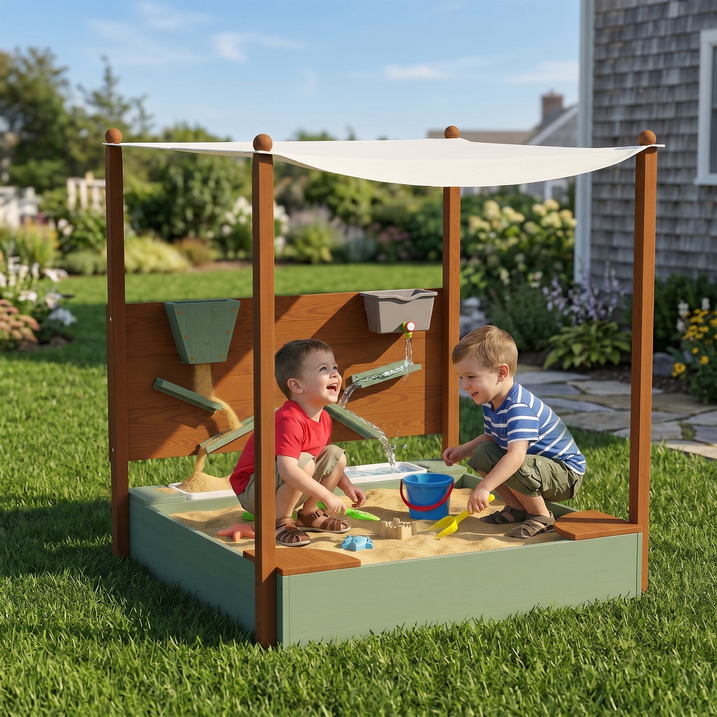 Wood Sandpit with Canopy, Storage Bins, Funnel, Liner, Chutes, Bucket with Tap, 116 x 112.5 x 128 cm, Green