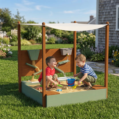 Wood Sandpit with Canopy, Storage Bins, Funnel, Liner, Chutes, Bucket with Tap, 116 x 112.5 x 128 cm, Green