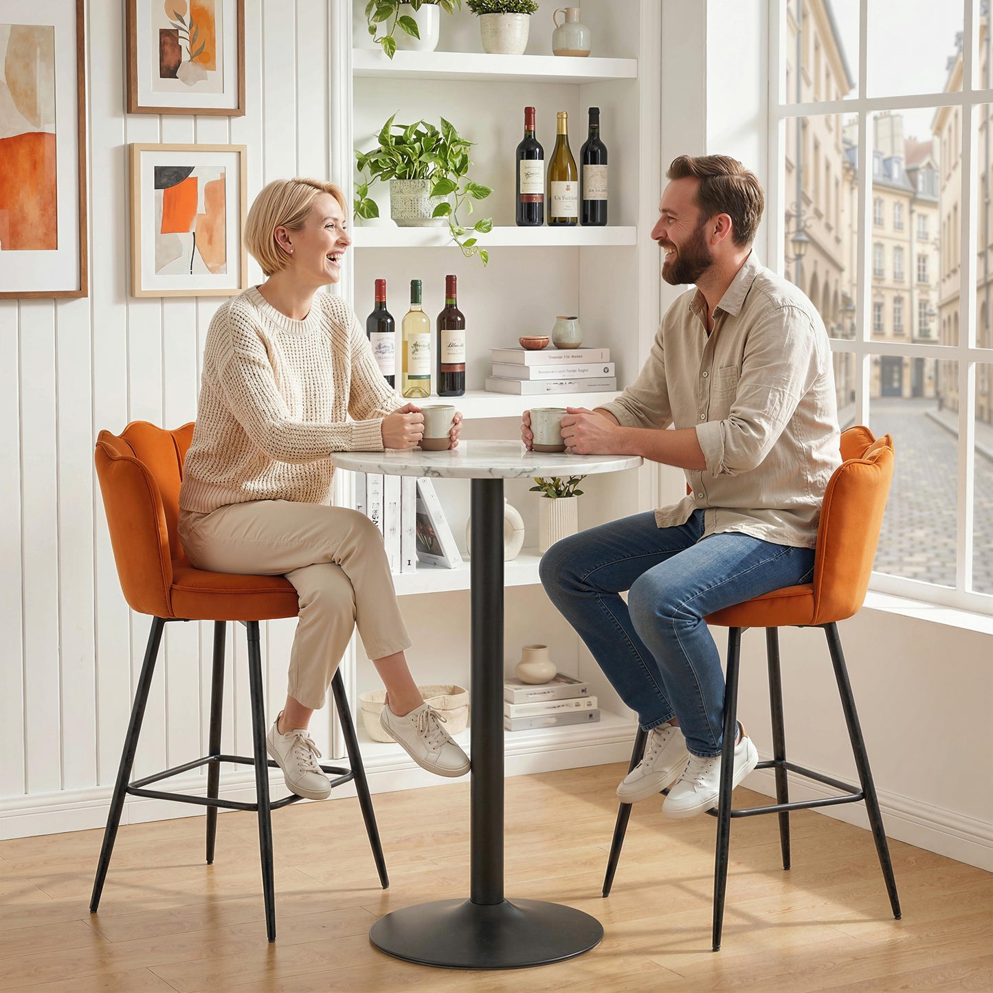 Set of Two Velvet-Feel Lotus Bar Stools - Orange