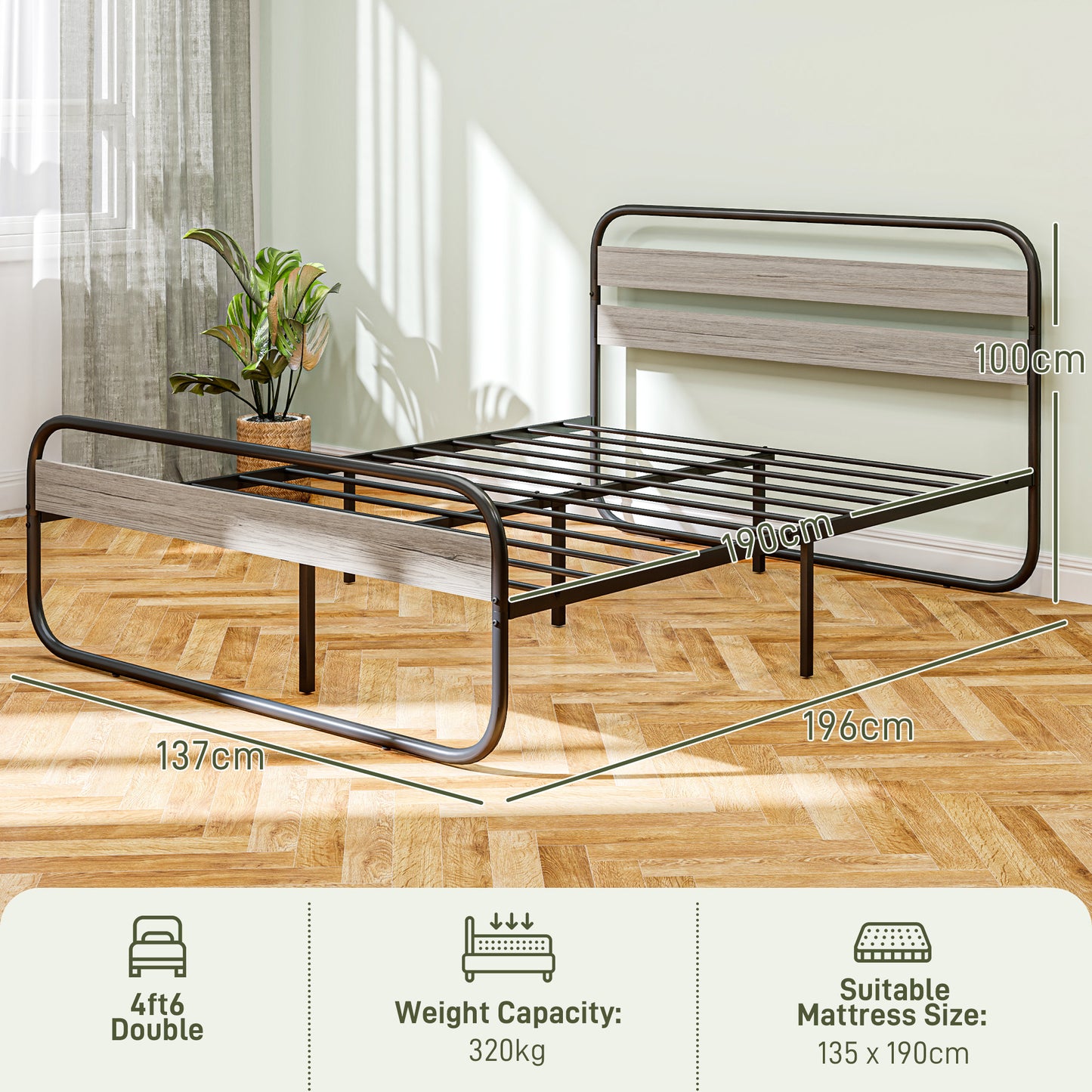 4ft6 Double Bed Frame, Industrial Style Metal Platform Bed Frame with Under Bed Storage, No Box Spring Needed, Easy Assembly