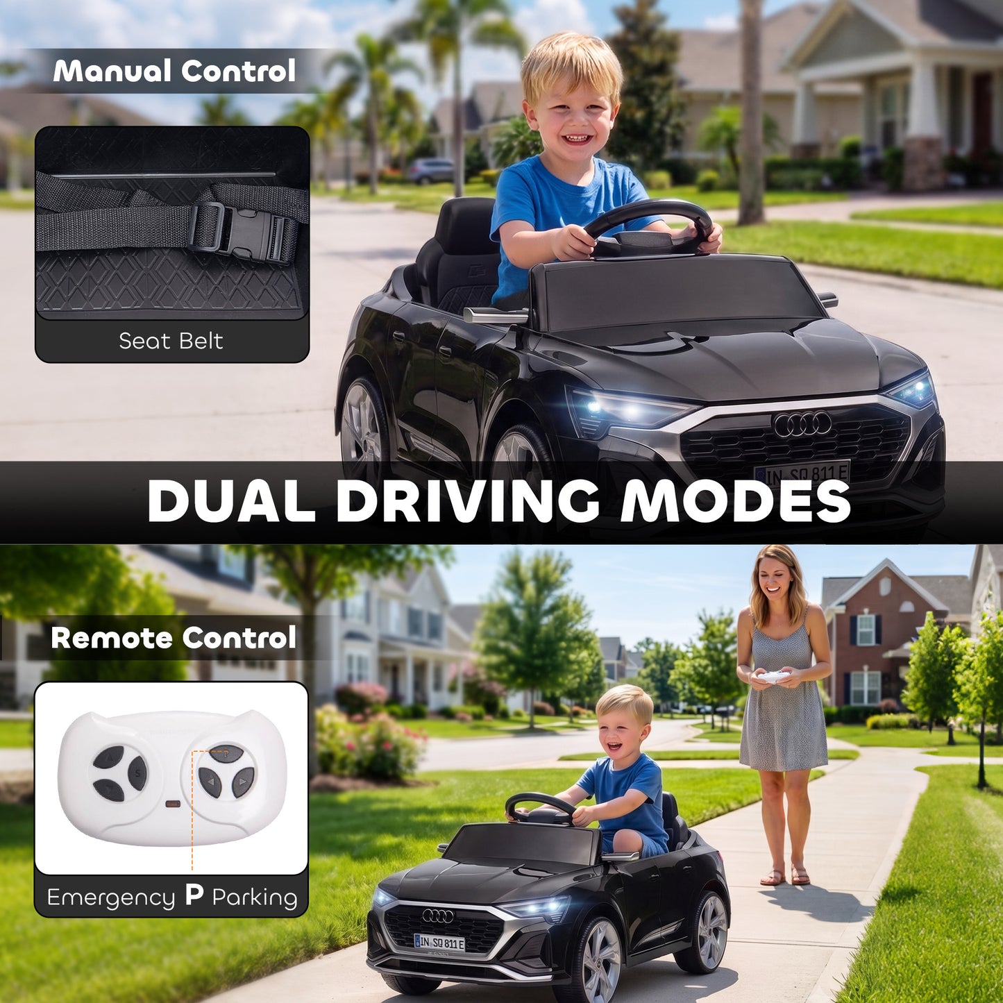 Audi Q8 etron Sportback Licensed Ride on Car with Remote Control, Four-Wheel Suspension, Soft Start for Ages 3-4, Black