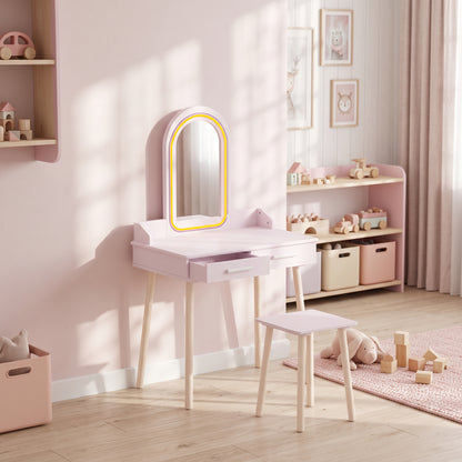 Kids Dressing Table, Girls Vanity Set with Stool, 3-Colour LED Lights Mirror, Large Drawer for Ages 3-8, Pink