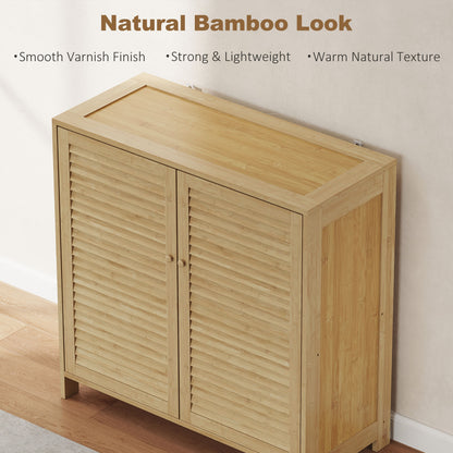 Bamboo Shoe Cabinet with Louvered Doors, 14 Pairs Shoe Storage Cabinet with Adjustable Shelves for Hallway, Natural