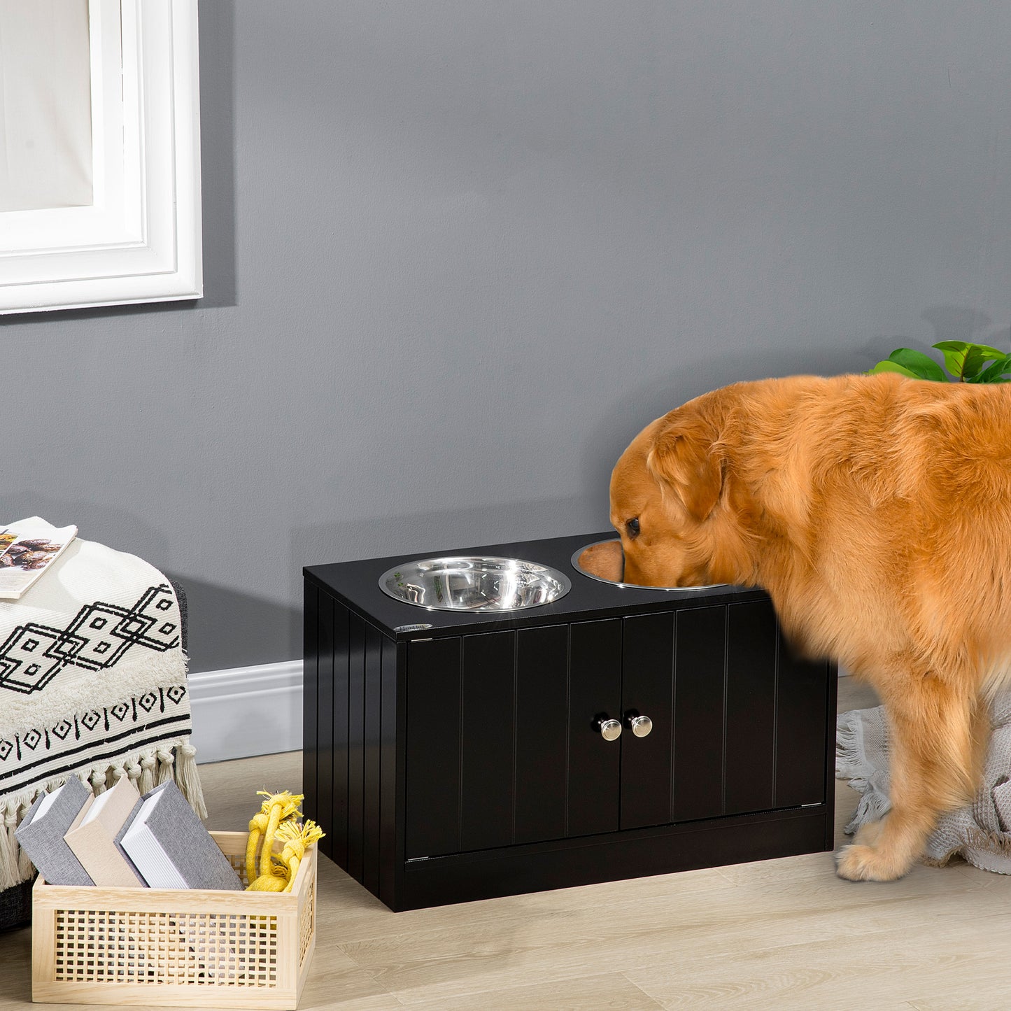 Raised Pet Feeder, with Two Bowls, Storage - Black