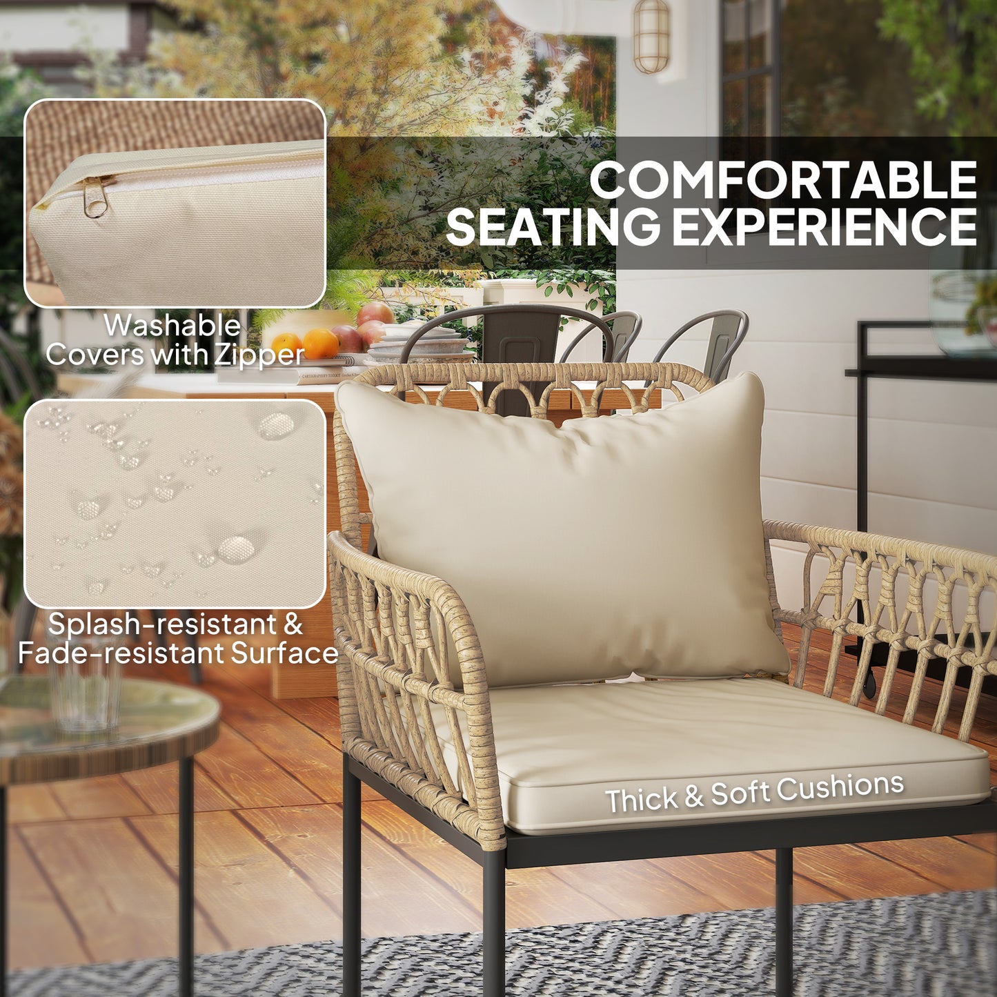 3 Piece Rattan Bistro Set, Wicker Garden Furniture Set with Cushions, Glass Top Coffee Table and Chairs for Outdoor, Patio
