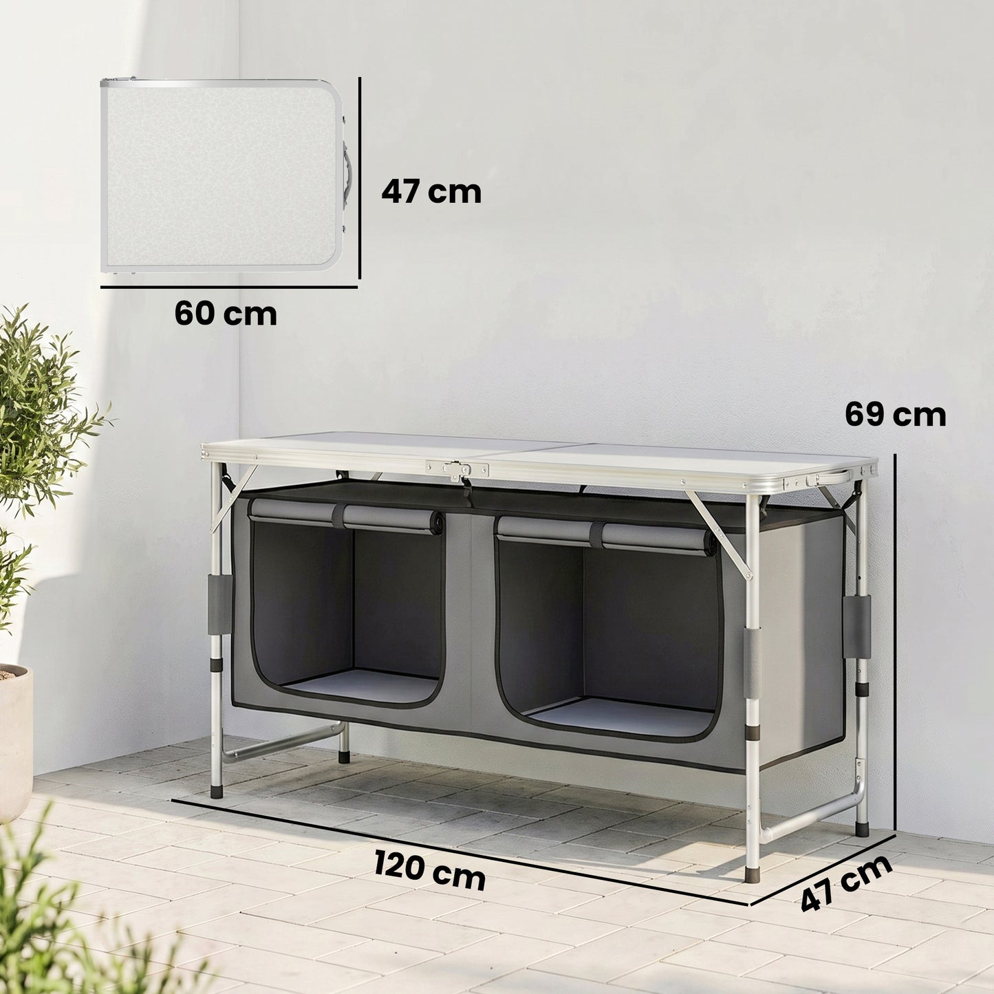 4ft Folding Camping Cupboard Kitchen, Height Adjustable Aluminium Camping Table with Storage