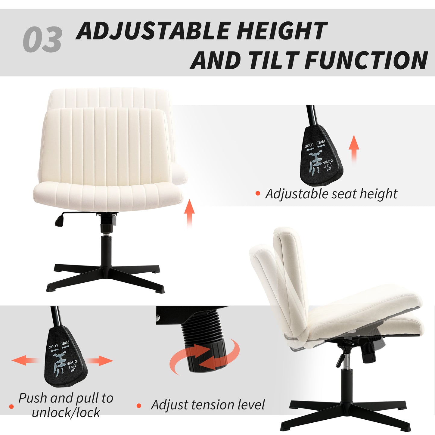 Armless Office Chair No Wheels, Linen Fabric Criss Cross Legged Desk Chair with Wide Seat, Thick Padding, Tilt Function