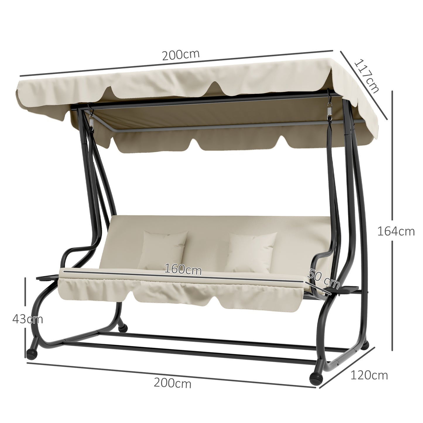 Three-Person garden Swing Chair, with Adjustable Canopy - Cream