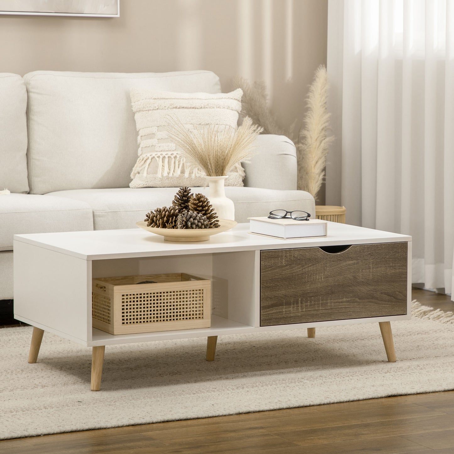 Coffee Table, Modern Tea Table with Open Storage Shelves, Two Drawers and Solid Wood Legs, Coffee Tables for Living Room
