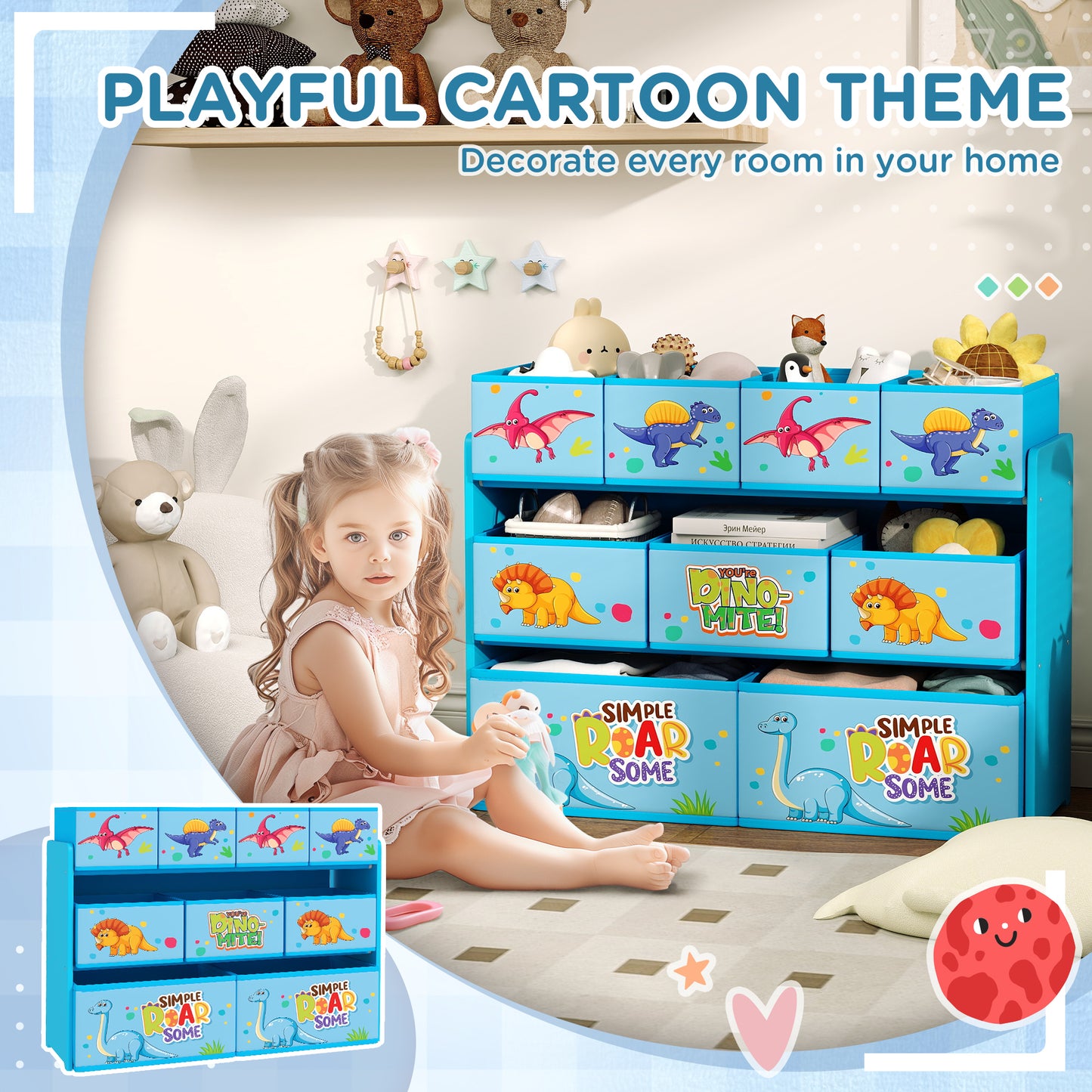 3-Tier Kids Storage Unit with 9 Non-Woven Fabric Boxes for Toys, Books, for Bedroom, Nursery, Blue