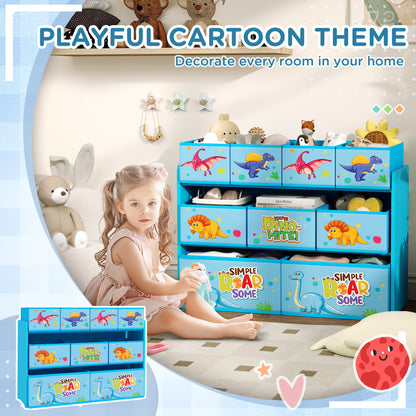 3-Tier Kids Storage Unit with 9 Non-Woven Fabric Boxes for Toys, Books, for Bedroom, Nursery, Blue