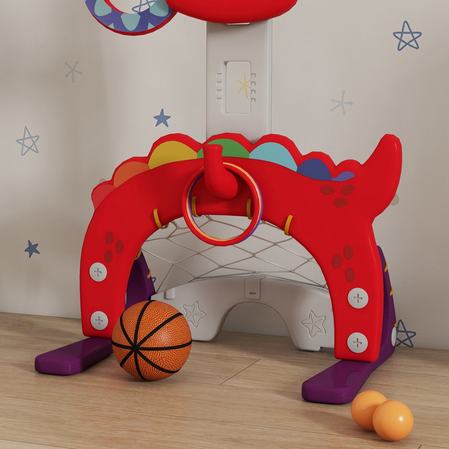 5-in-1 Dinosaur Basketball Set with Adjustable Basketball Stand and Golf Game, Indoor for Boys Girls, Red