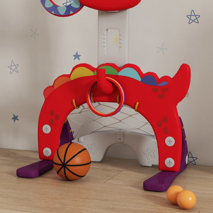 5-in-1 Dinosaur Basketball Set with Adjustable Basketball Stand and Golf Game, Indoor for Boys Girls, Red