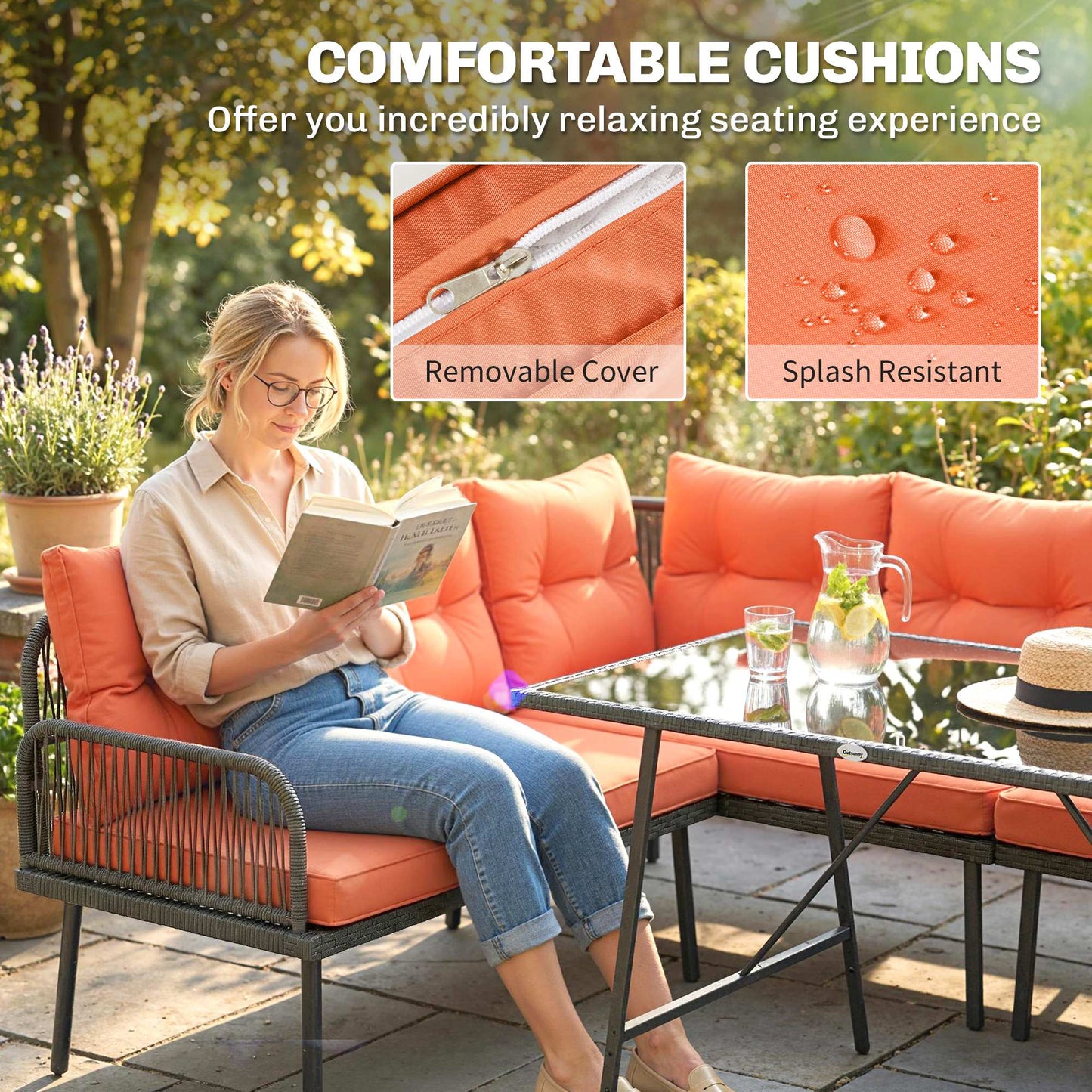 6 Piece Rattan Garden Furniture Set, 8 Seater Garden Corner Sofa with Cushions and Glass Top Table, Orange