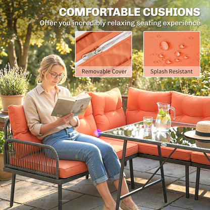 6 Piece Rattan Garden Furniture Set, 8 Seater Garden Corner Sofa with Cushions and Glass Top Table, Orange