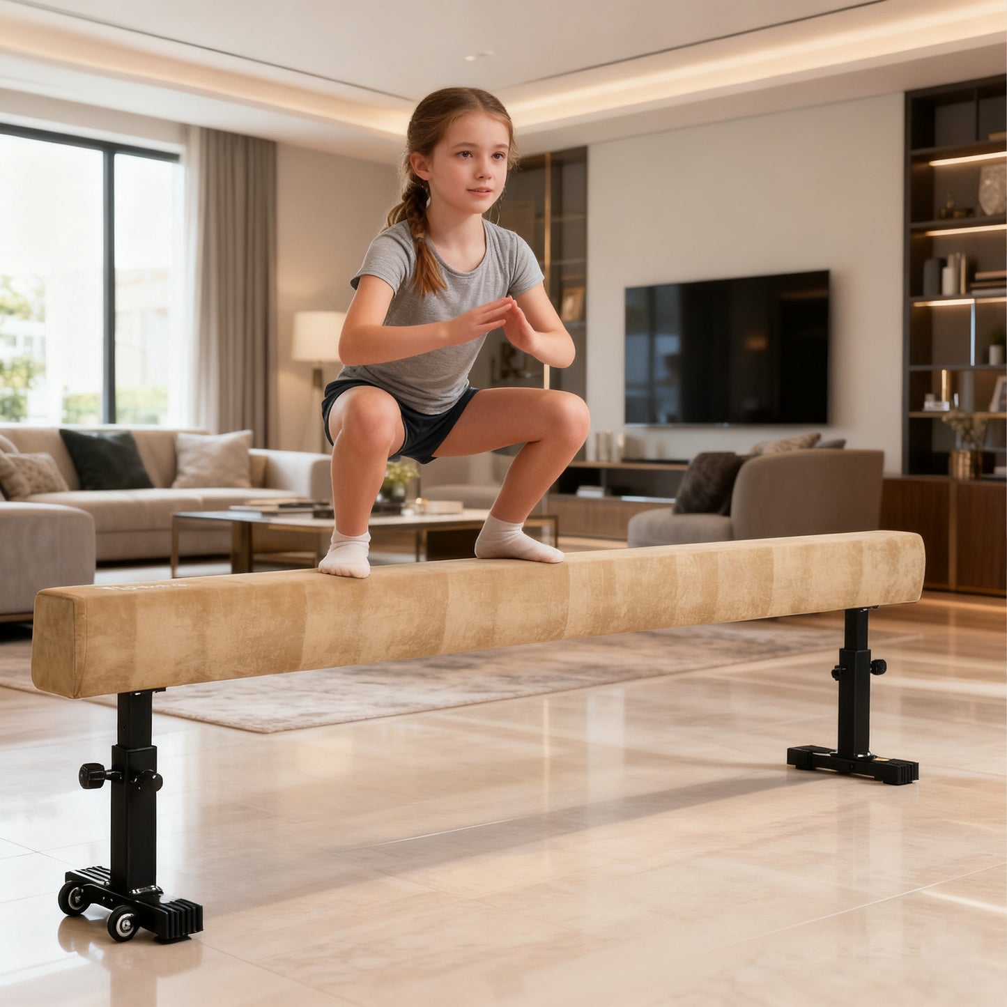 7.5ft Adjustable Balance Beam, Gymnastics Beam with Wheels, Gymnastics Equipment for 6+ Years Old Training
