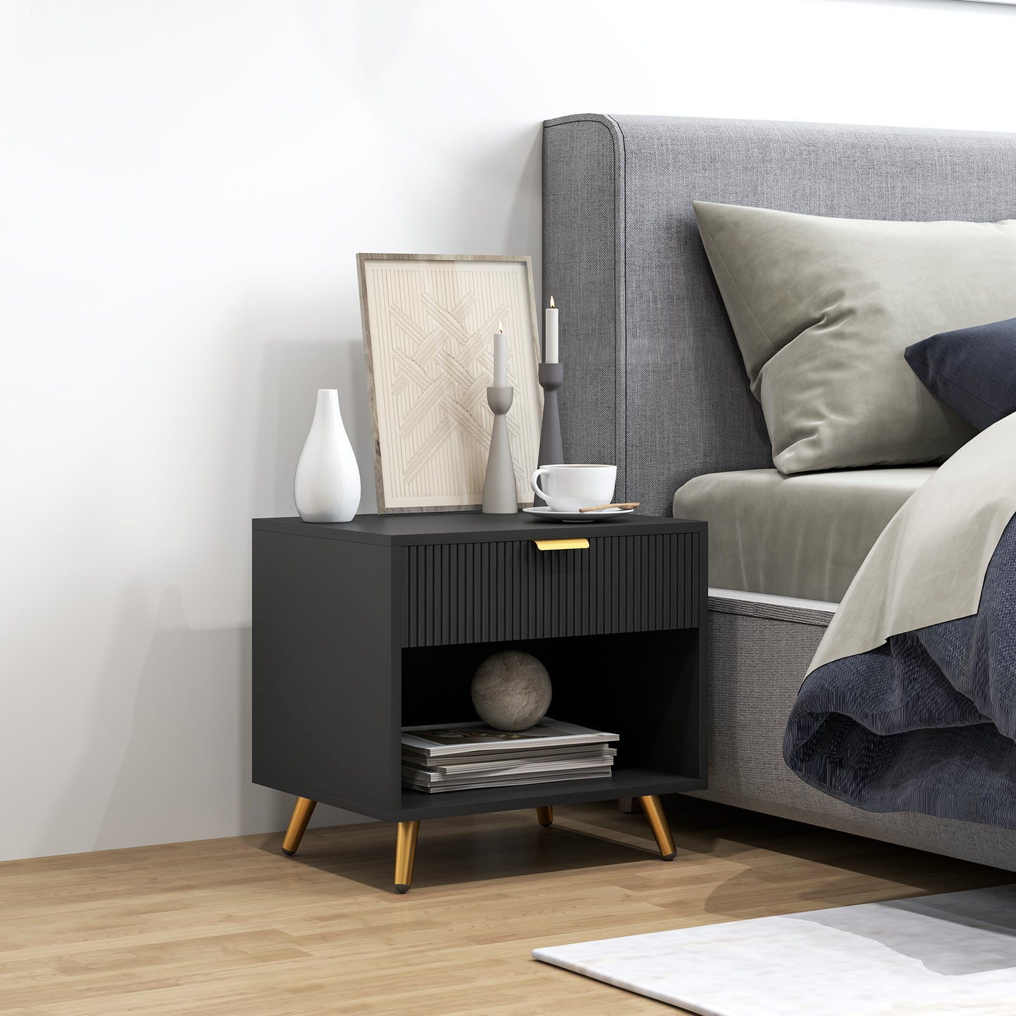 Elegant Bedside Table, with Drawer and Shelf - Black/Gold Tone