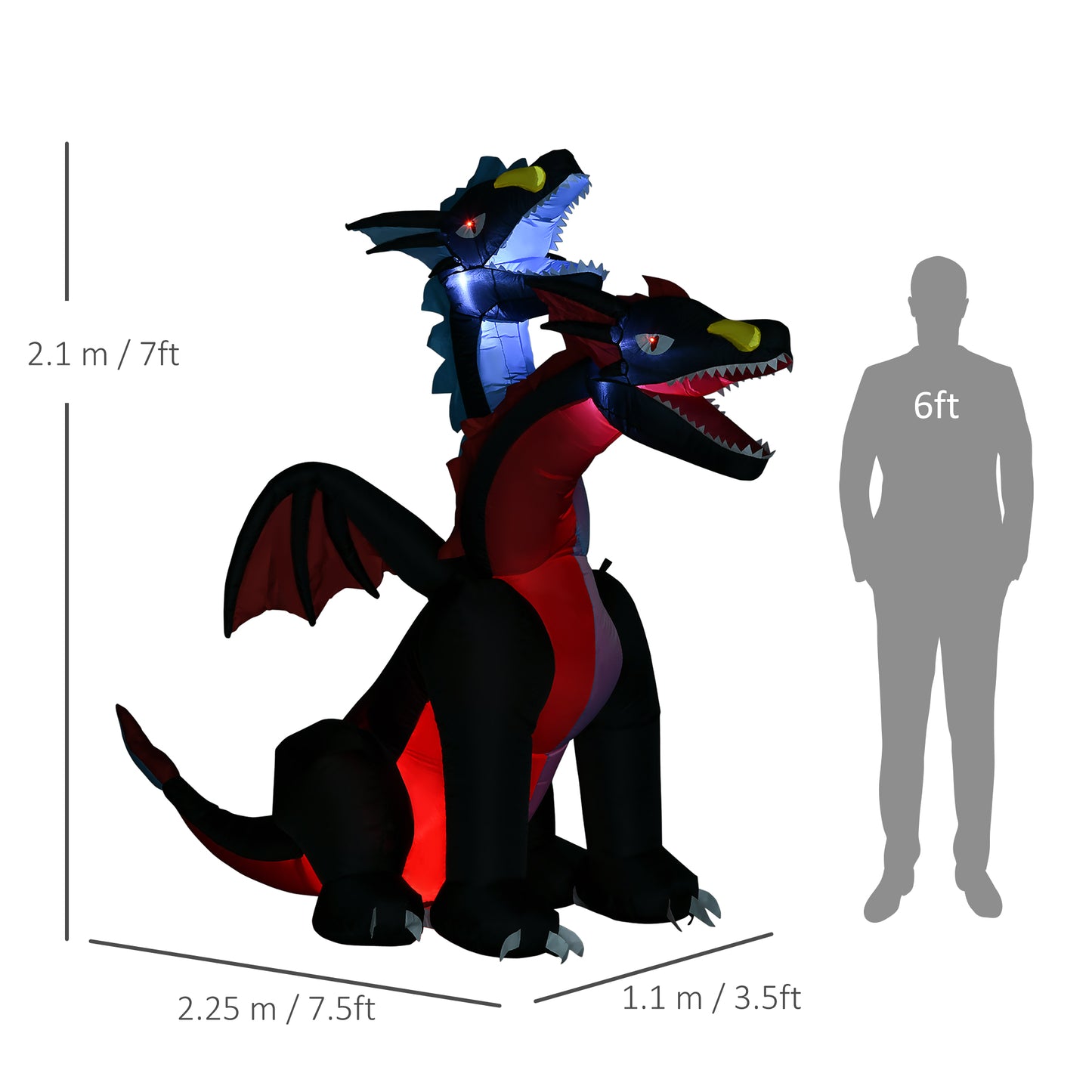 7FT Tall Halloween Inflatable Dragon with 2 Heads and LED Lights