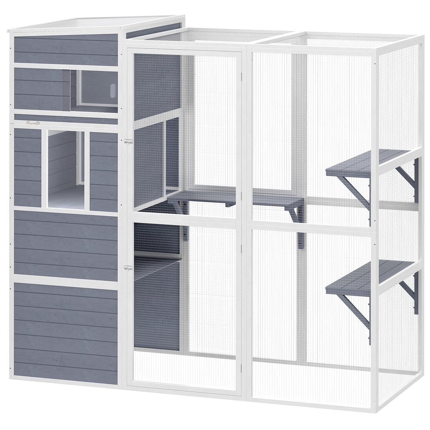 4-Tier Wooden Catio Cat Outdoor Enclosure with Sun Roof, Resting Rooms, 3 Platforms, Window Outdoor Indoor, Grey