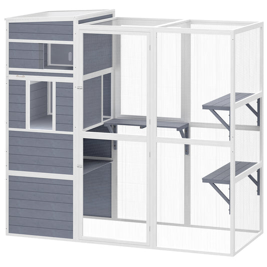 4-Tier Wooden Catio Cat Outdoor Enclosure with Sun Roof, Resting Rooms, 3 Platforms, Window Outdoor Indoor, Grey