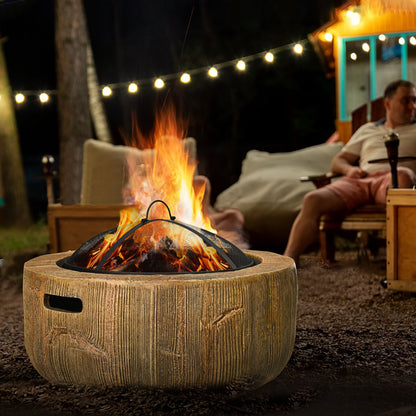 Outdoor Fire Pit, 61.5 cm Metal Wood Burning Fireplace with Spark Cover, Poker, Woodgrain Design