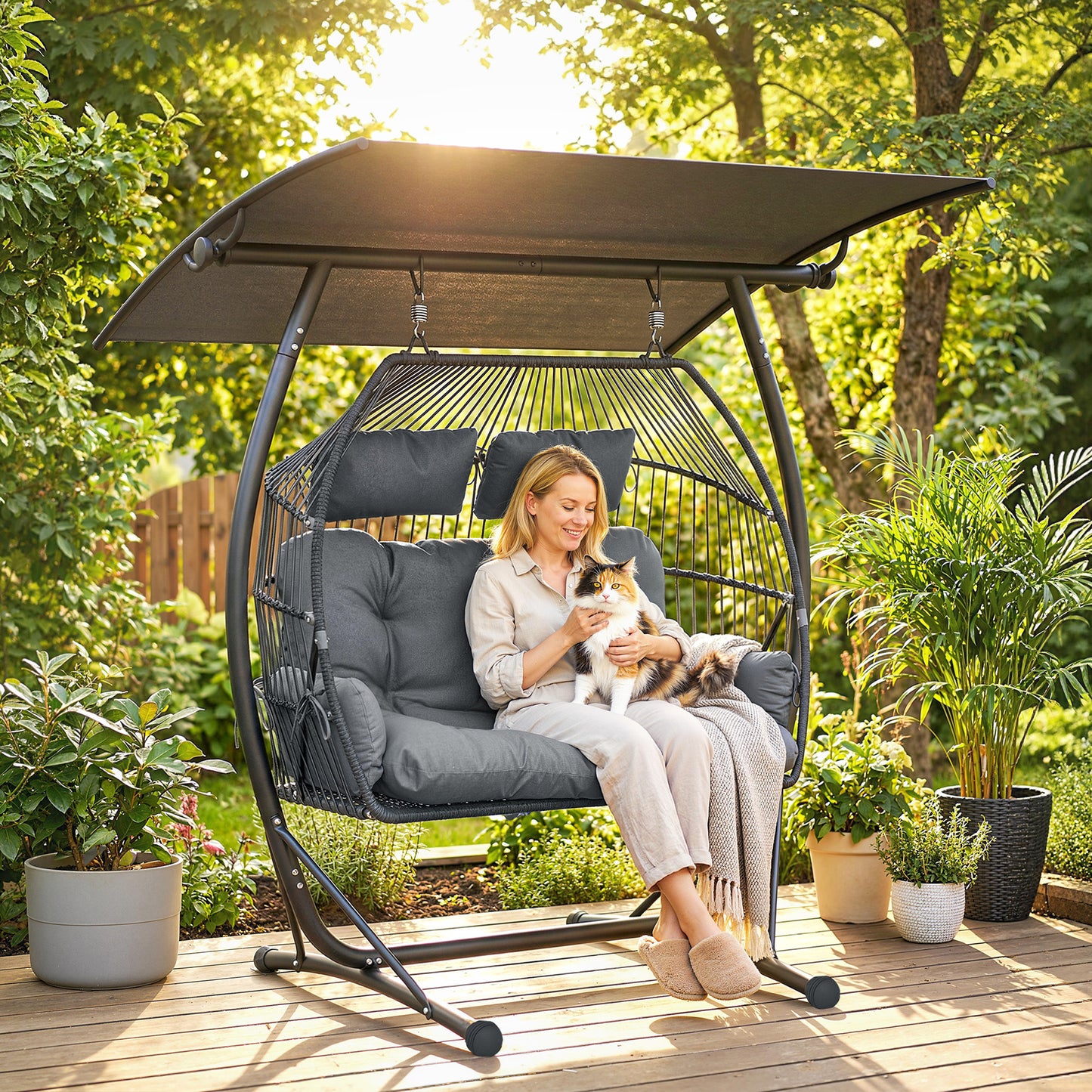 Double Hanging Egg Chair with Canopy, Rattan Garden Egg Swing Chair with Cushion, Stand for Indoor Outdoor, Dark Grey