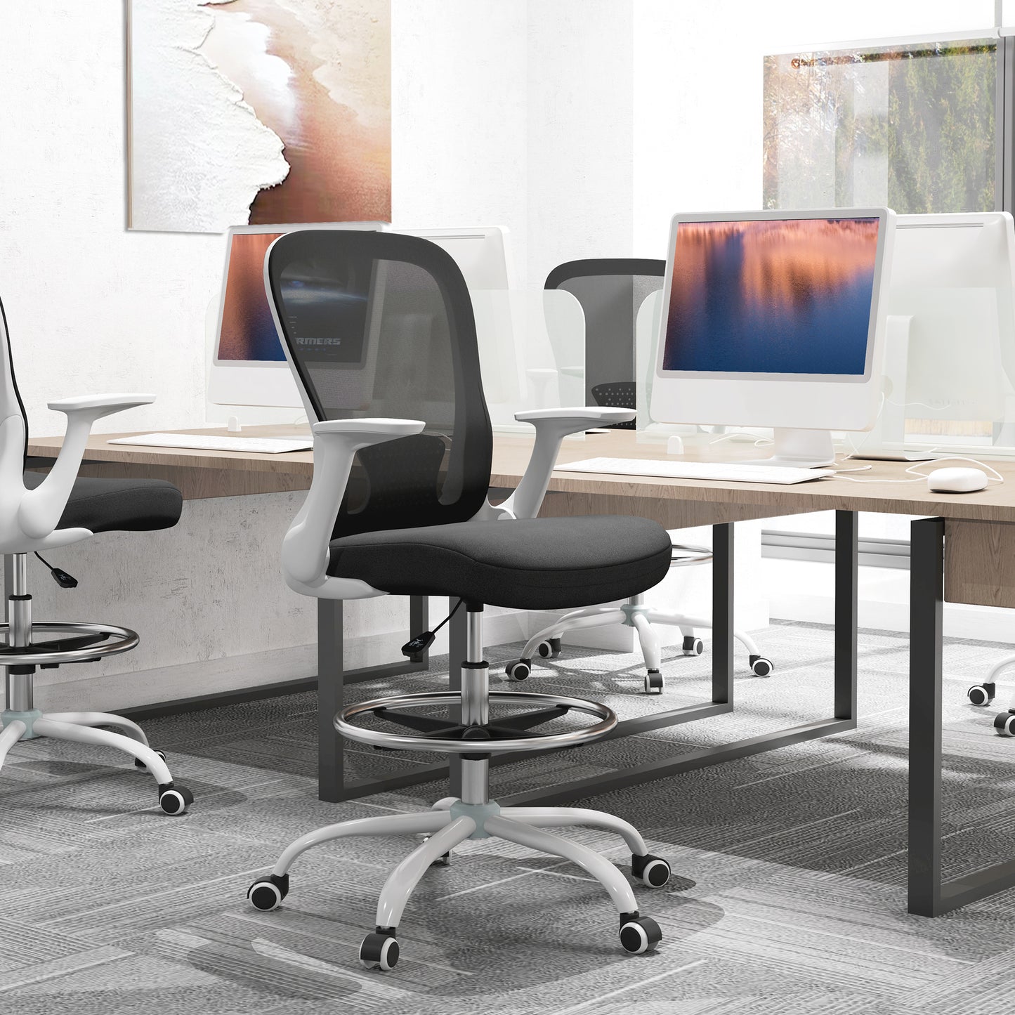 Draughtsman Chair, Mesh Drafting Chair, Ergonomic Office Chair with Flip-up Armrest, Adjustable Foot Ring, Black White