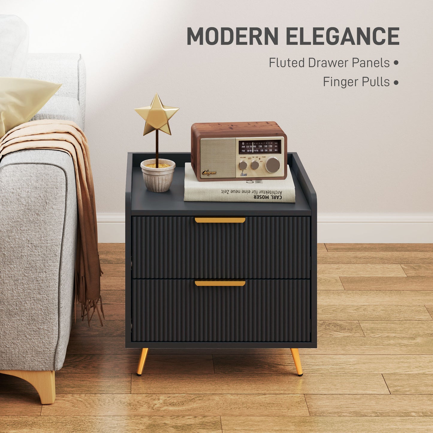 Elegant Two-Drawer Bedside Table - Black