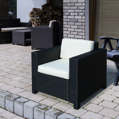 Single Seater Rattan Chair Sofa with 10 cm Thick Padded Cushion, All-Weather PE Wicker Weave Garden Armchair with Armrests