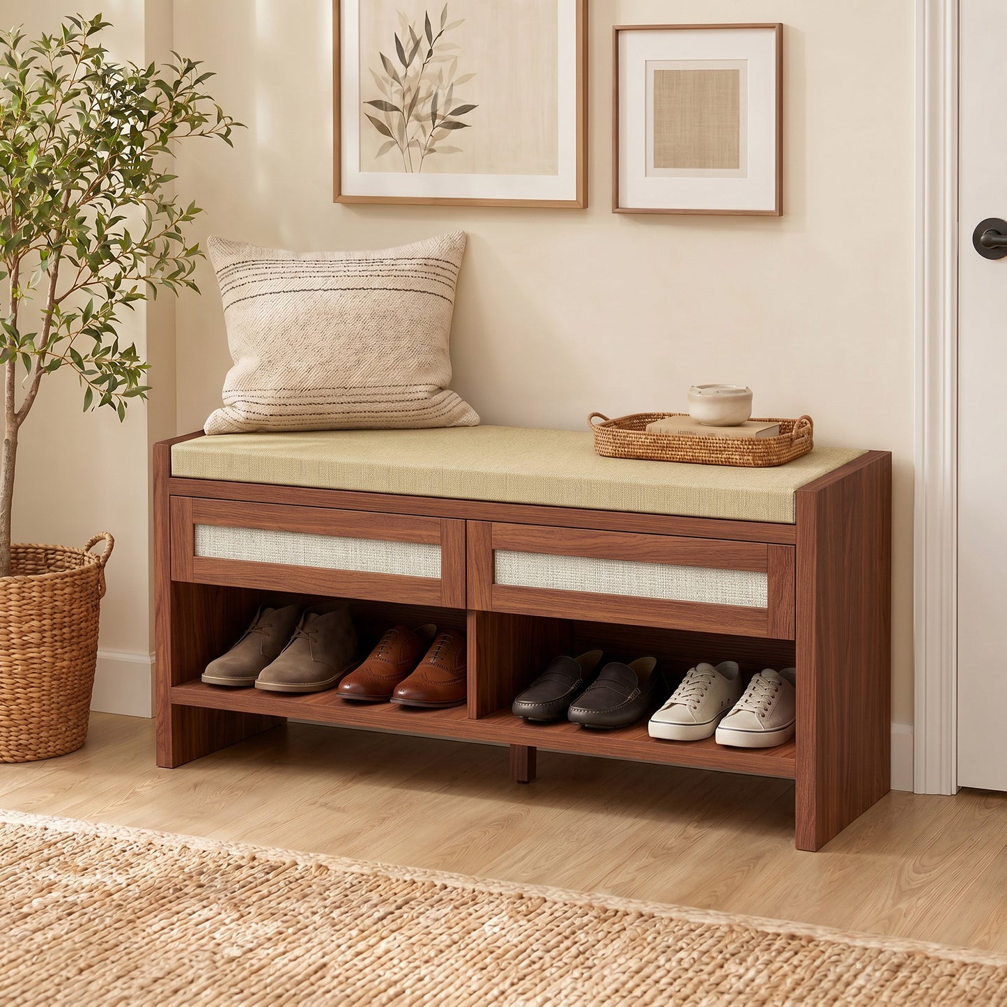 Boho Shoe Bench with 2 Rattan Drawers, Shoe Storage Bench with Cushioned Seat and Open Shelf Brown