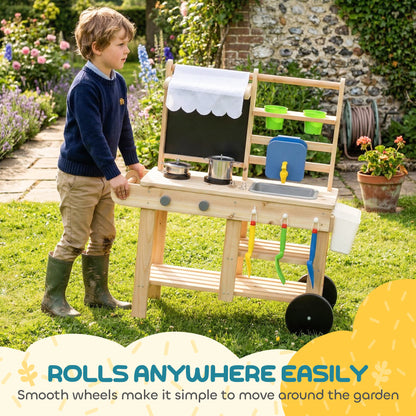 Mud Kitchen with Real Water Faucet Pretend Play Kitchen Playset with Sink and Storage Natural Wood
