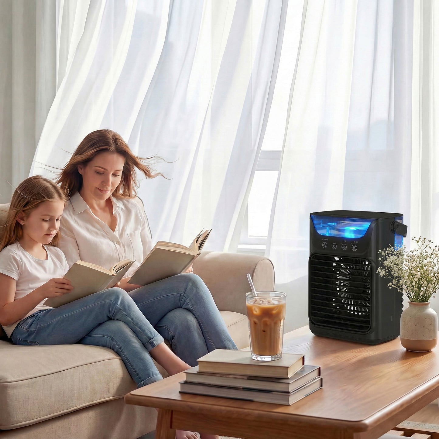 Air Cooler with Adjustable Head, Portable Air Conditioner with 3 Wind Speed, 2 Cool Mist, RGB Light, Black