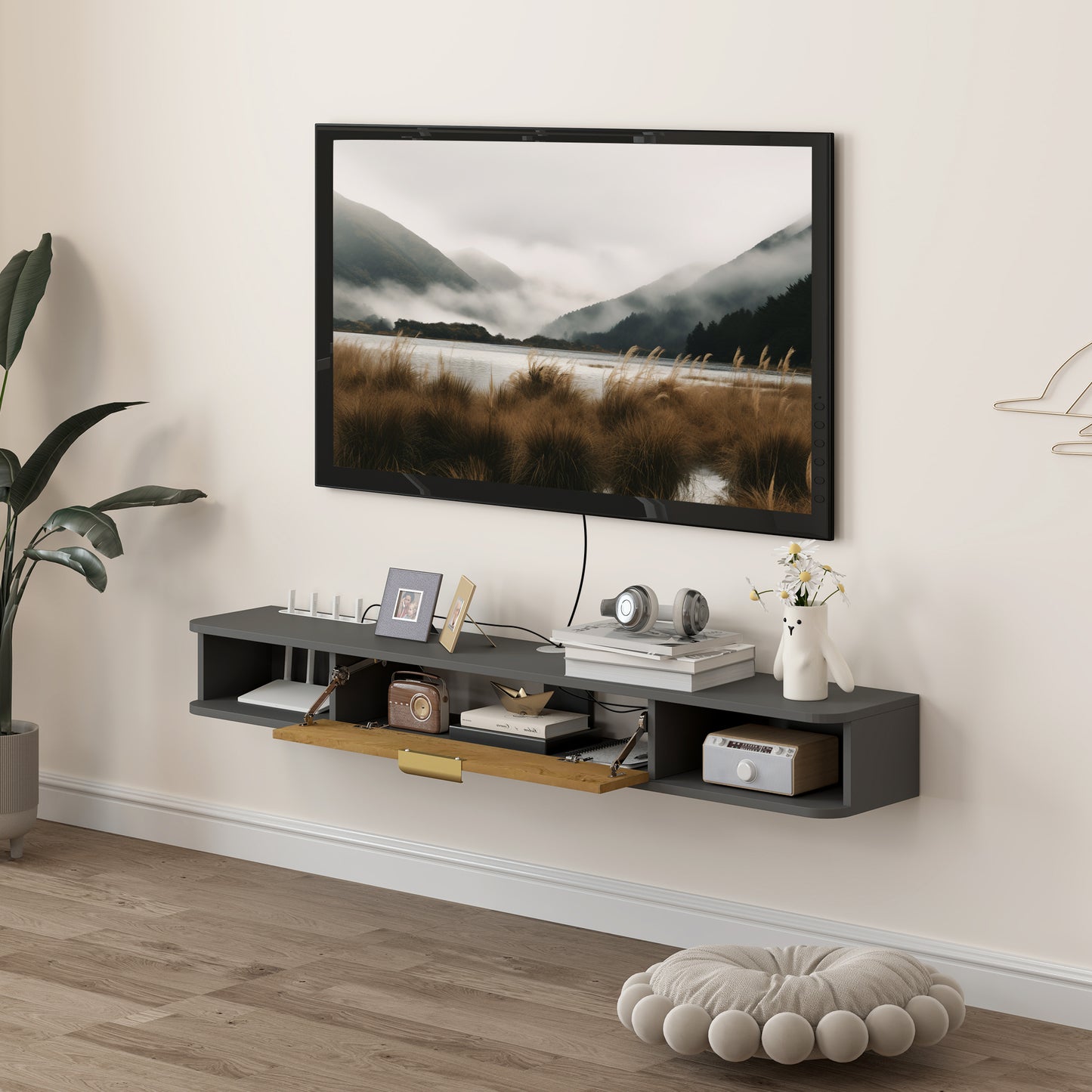 140 cm Floating TV Stand with Storage - Charcoal Grey