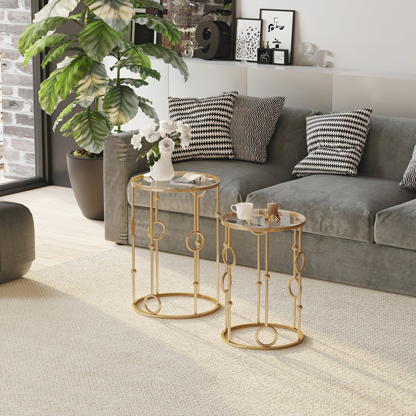 Nesting Round Coffee Table Set of 2 - Gold Tone