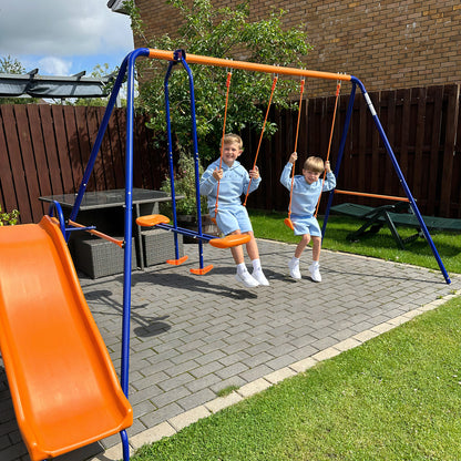 Four-In-One Metal Garden Swing Set, with Double Swings, Glider, Slider, Ladder - Orange and Blue
