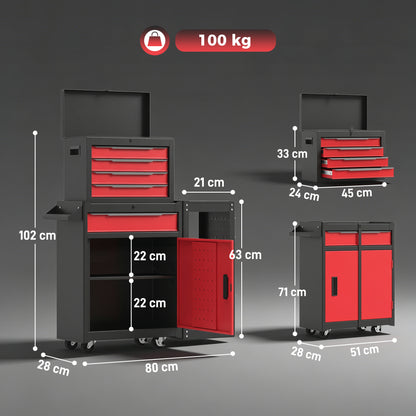 Tool Chest, Mobile Modular Tool Box with 5 Drawers, Side Rack, Pegboard, Lock, Tool Cabinet for Garage Workshop, Red