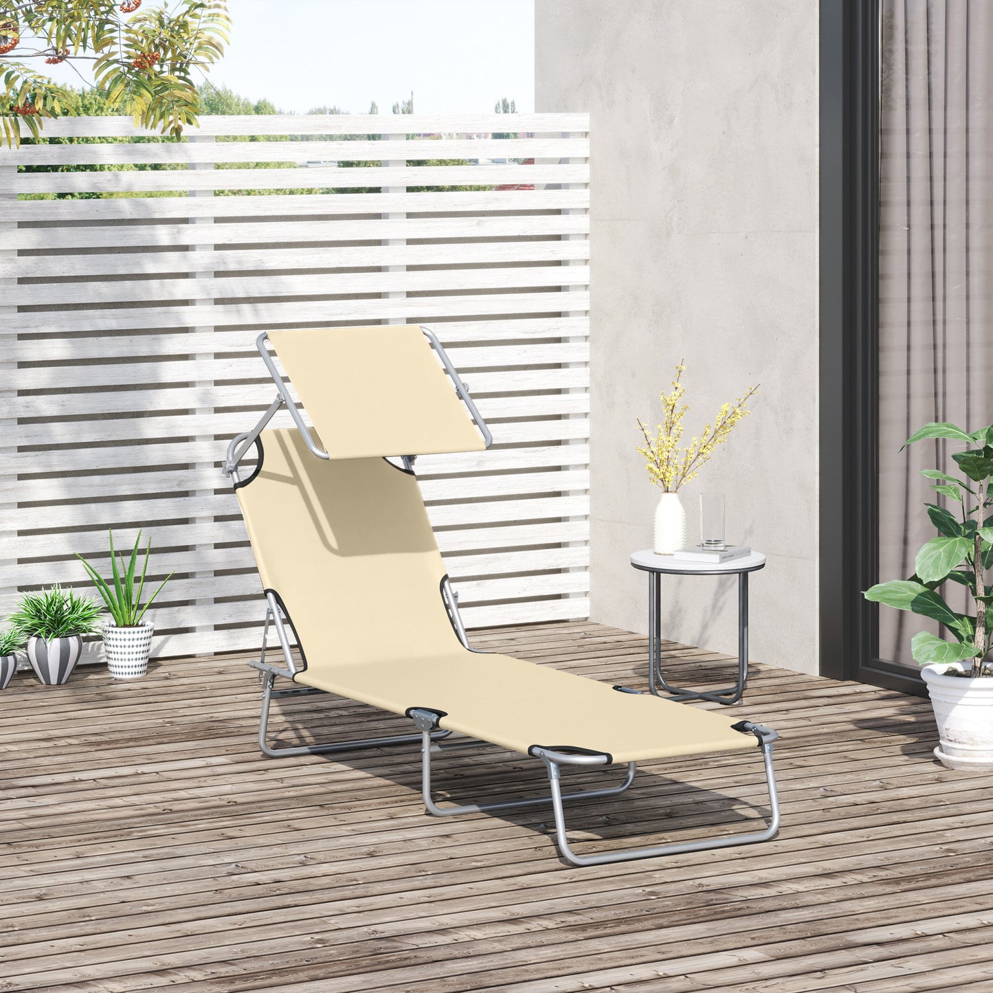 Folding Sun Lounger with Canopy, Reclining Sunbed with 4-Position Adjustable Backrest, 600D Oxford Cloth