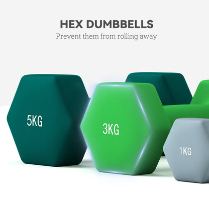 Dumbbells Set with Storage Rack, 2 x 1kg, 2 x 3kg, 2 x 5kg, Grey
