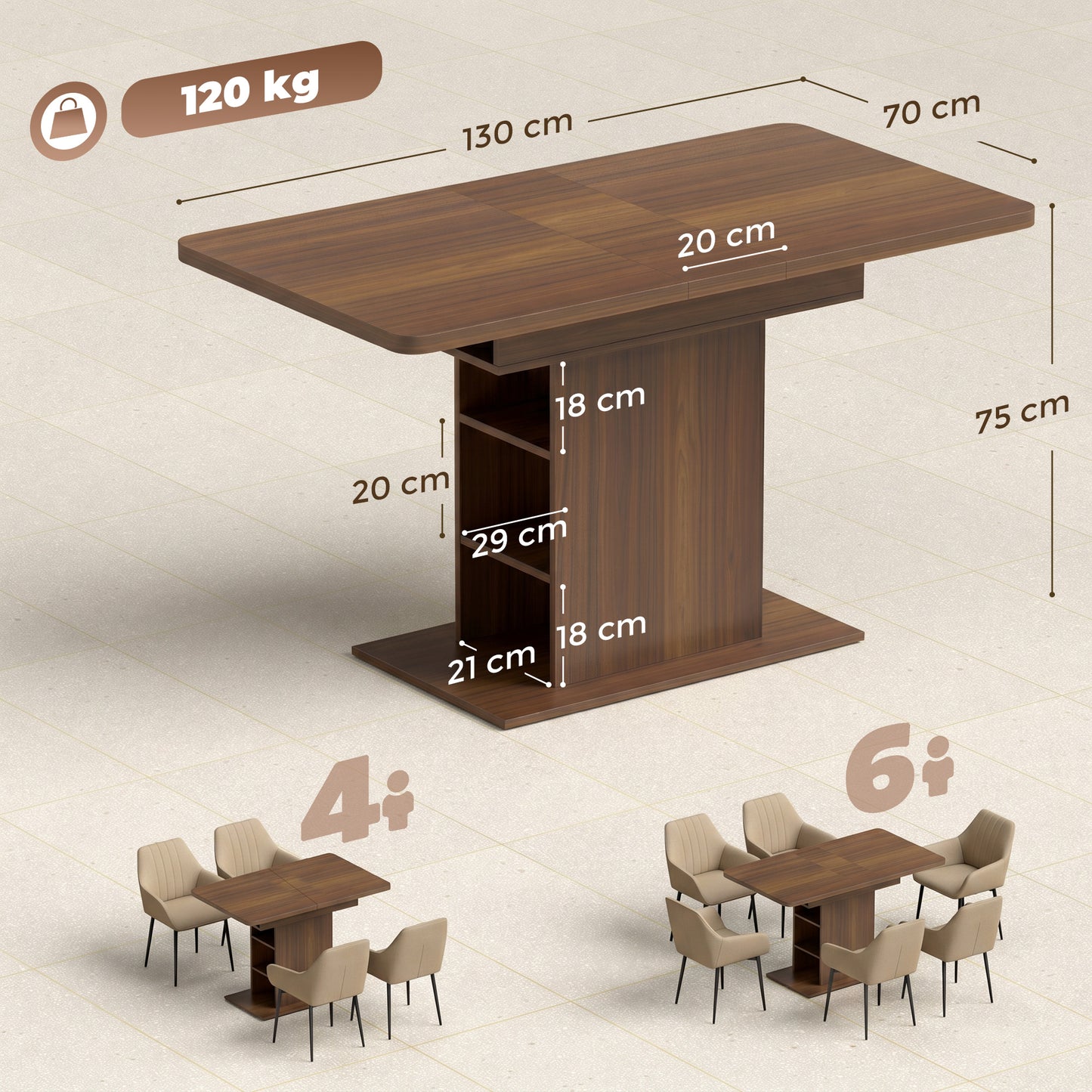 Extendable Dining Table for 4-6 People, 110-130cm Kitchen Table with 6 Open Shelves, Walnut Brown