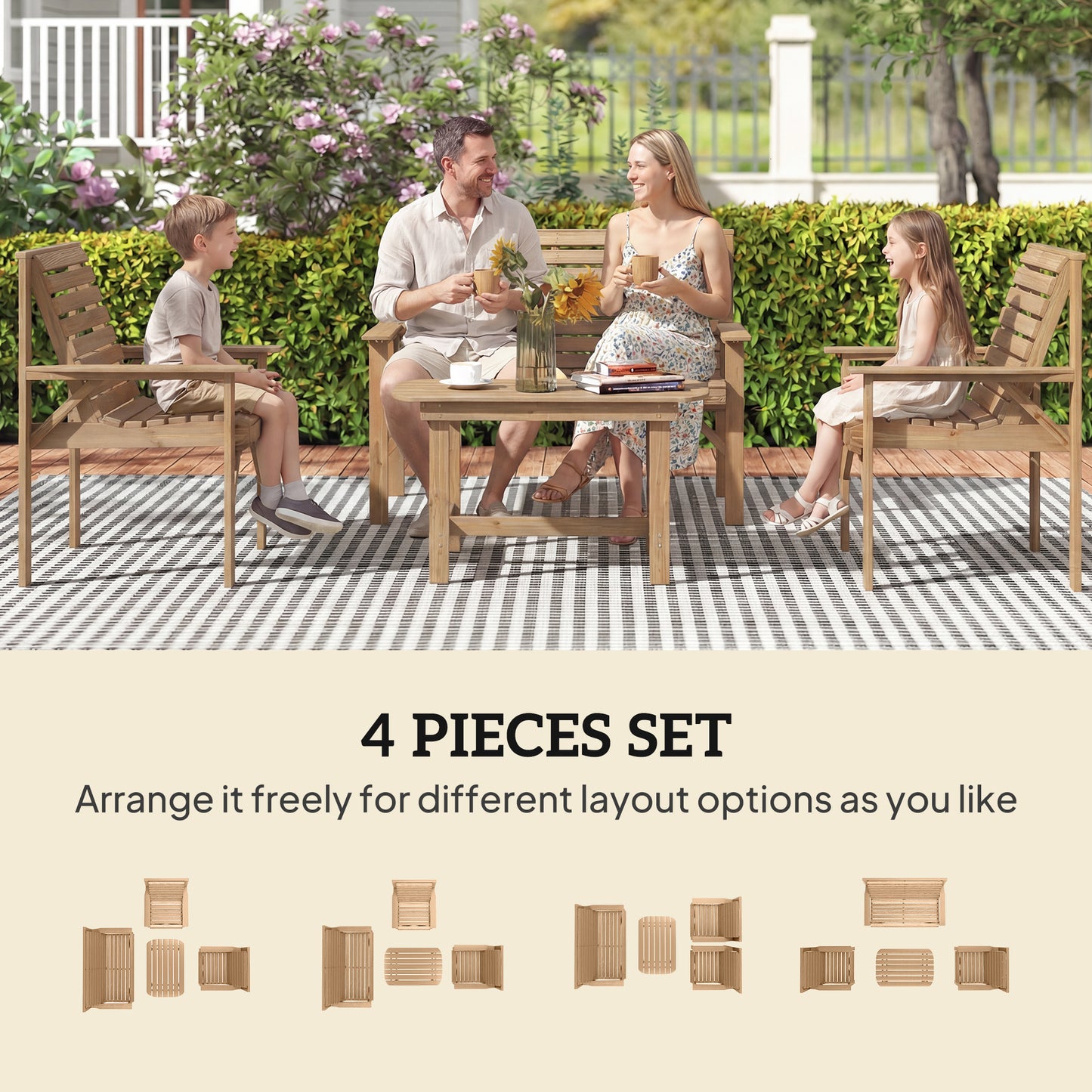 4 Piece Wooden Garden Furniture Set, Outdoor Garden Sofa Set with 2 Armchairs, Loveseat and Coffee Table, Natural Wood