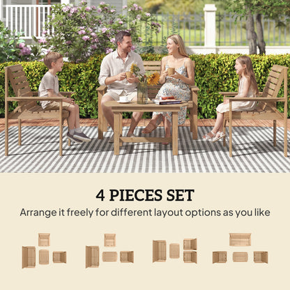4 Piece Wooden Garden Furniture Set, Outdoor Garden Sofa Set with 2 Armchairs, Loveseat and Coffee Table, Natural Wood