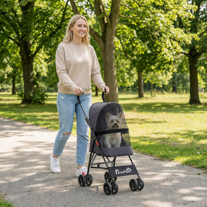 Dog Stroller, Foldable Cat Dog Pram for Miniature Breeds, Pet Stroller with Brake, Mesh Windows, Dark Grey