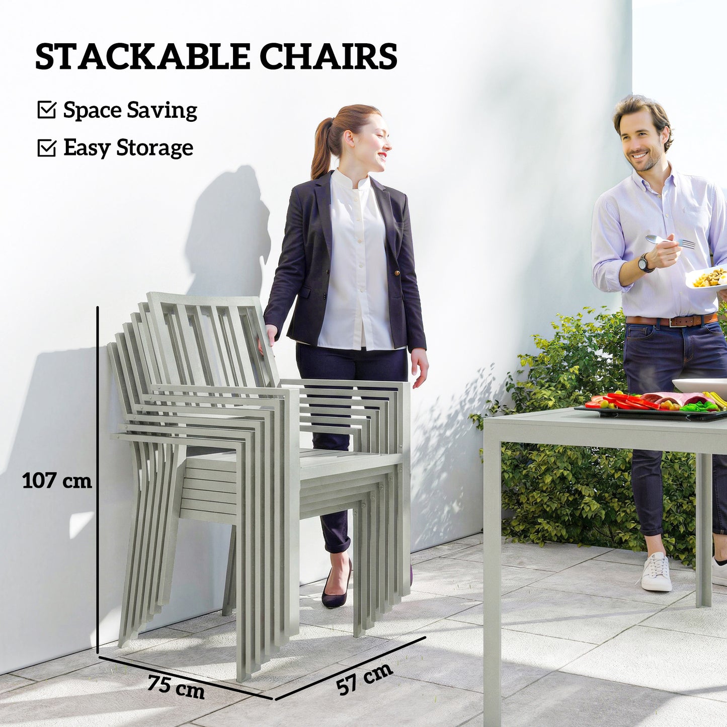 Garden Table and Chairs for 6, 7 Pieces Garden Furniture Set with Table, 6 Stackable Chairs and Umbrella Hole Light Grey